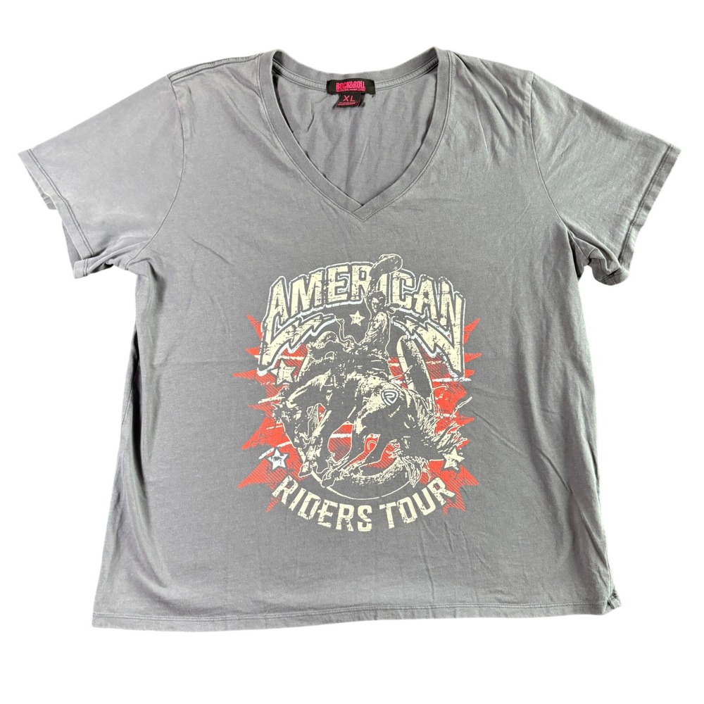 Rock & Roll Denim Womens XL Gray American Riders Tour Rodeo Graphic V-Neck Tee